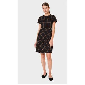 Hobbs London Evie Windowpane Check A-Line Dress US 16 Black Camel Workwear